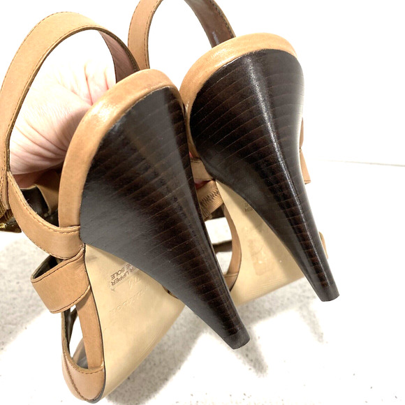 Ann Taylor US 7M nude leather strappy high heel sandals cone heels casual dressy - Picture 7 of 9